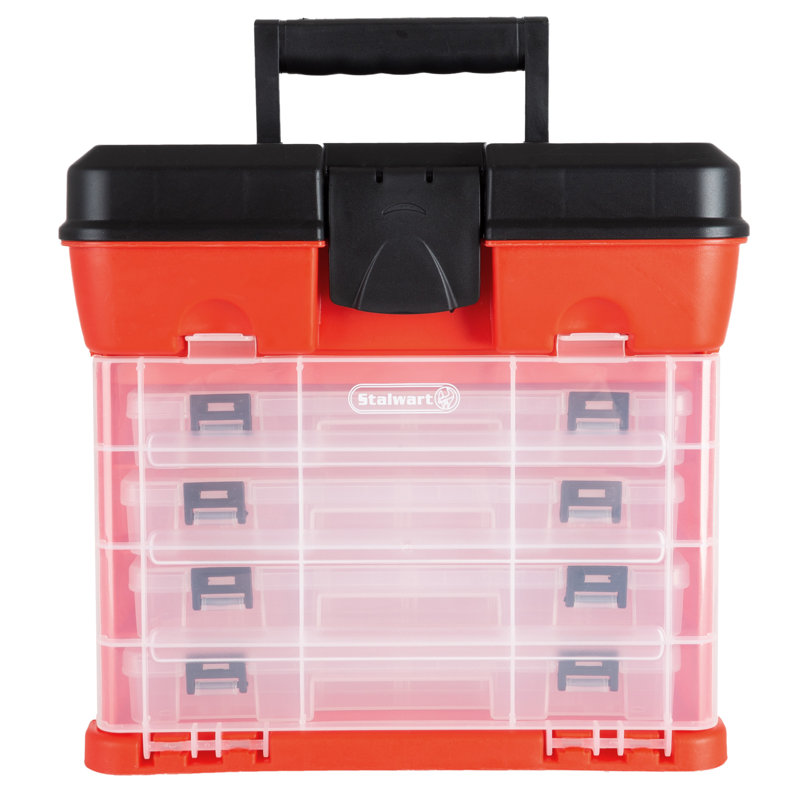 Stalwart Portable Tool Storage Box - Small Parts Organizer with 4 Multi-Compartment Trays ,Red