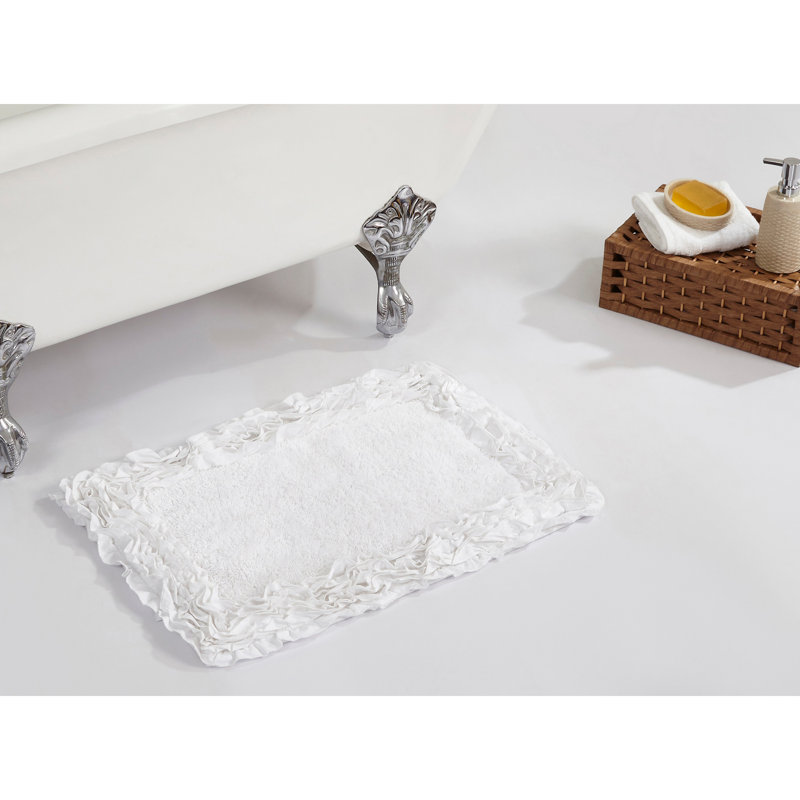 Aveliss 100% Cotton Tufted Bath Rug, Ultra Soft & Absorbent, Spray Latex Backing, Luxurious Ruffle Border, 17" x 24" Rectangle, White