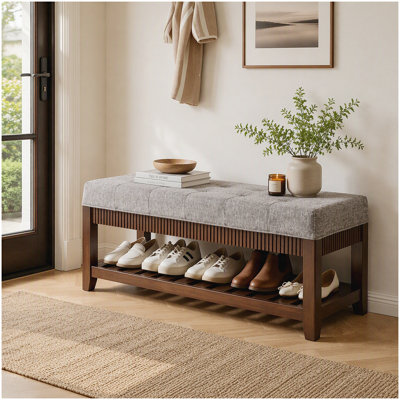 Banc de hall d'entrée en bois massif, banc à chaussures en bois d'hévéa massif avec coussin rembourré et range-chaussures inférieur, banc de rangement rembourré pour le couloir du salon