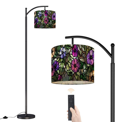 Arc Floor Lamp with Adjustable Lampshade Floral Vine Panel Purple Standing Lamp 3 Color Temperatures Dimmable Tall Pole Lamp with Foot Switch for Bedroom