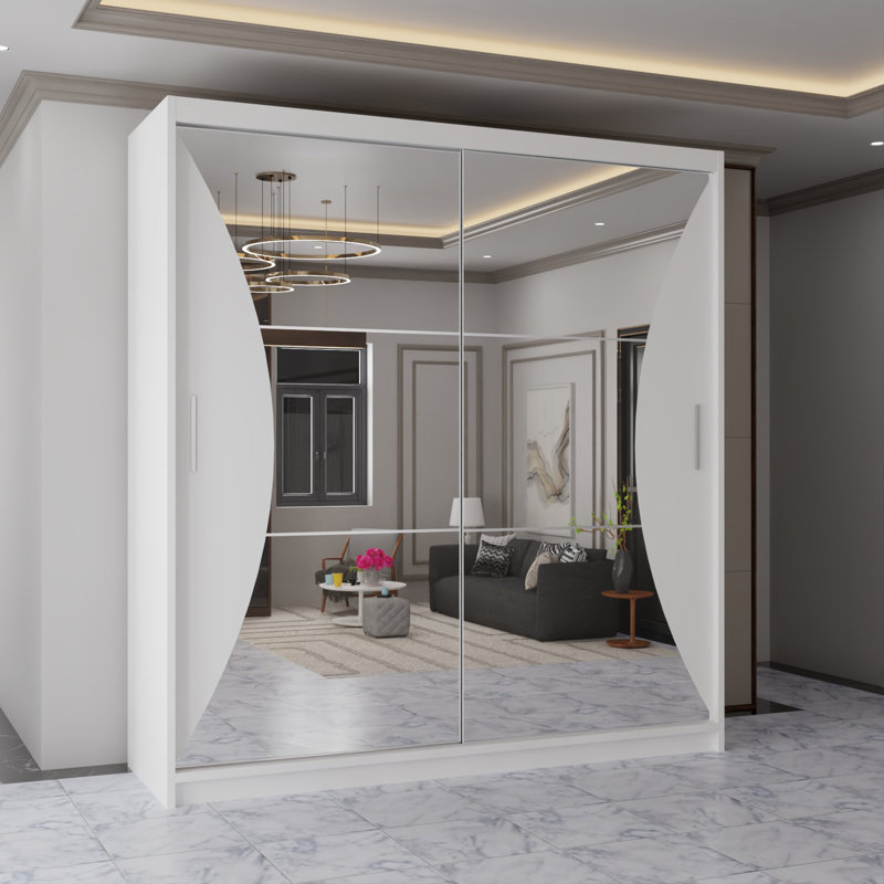 Modern 2 Door Sliding Mirror Wardrobe – Stylish Bedroom Storage in 2 Sizes and 3 Colours, 217cm H x 203cm W x 62cm D, White