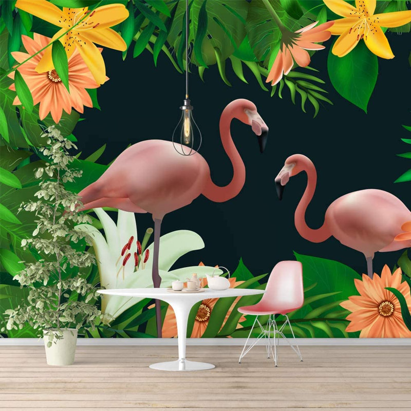Murale flamant rose et fleurs en fleurs, L 100 po x l 144 po