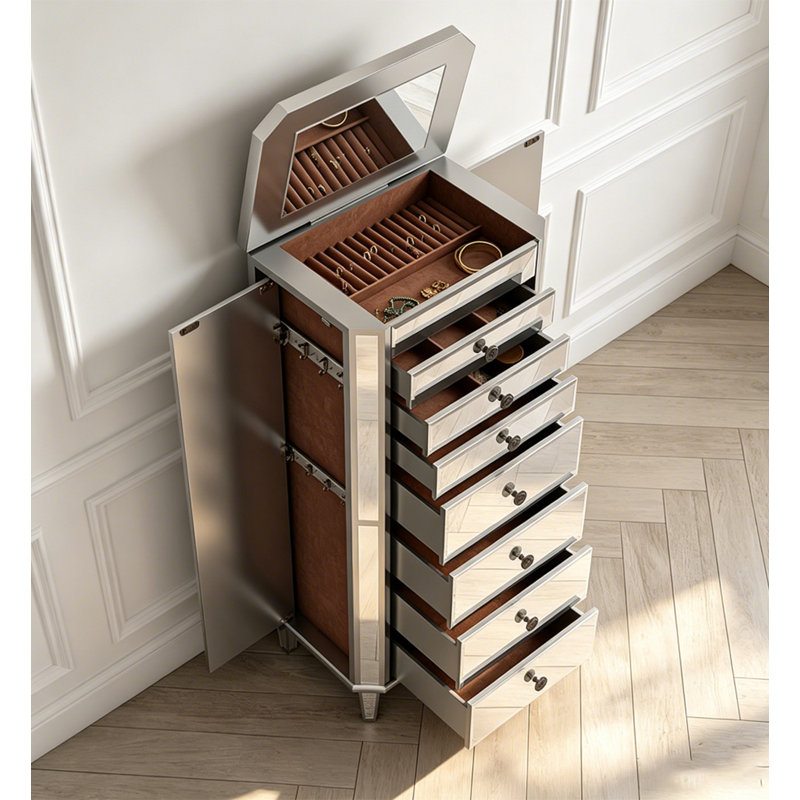 Armoire à bijoux en bois massif à 7 niveaux avec miroir Light-Luxury Style