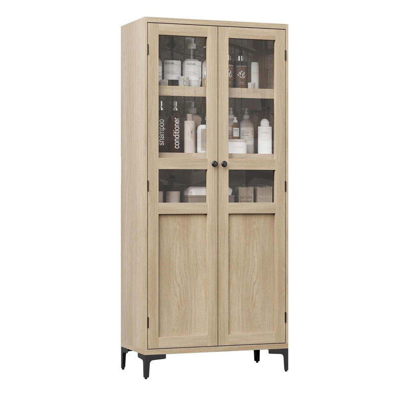 Armoire de rangement de 63 pouces de hauteur, armoire de salle de bain 5 niveaux avec 2 portes réglables, Naturel