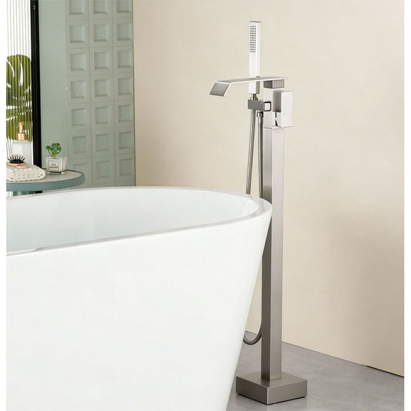 Freestanding Tub Filler Floor Mount Bathtub Faucet With Handheld Shower, Brushed Nickel