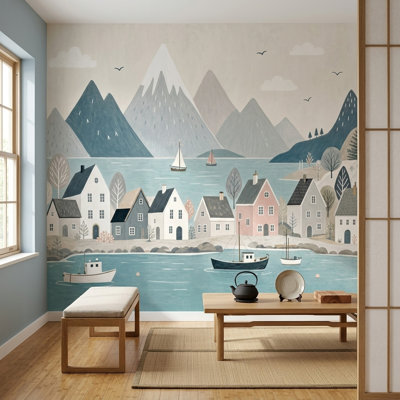 Papier peint scandinave, fjords, aquarelle, village côtier