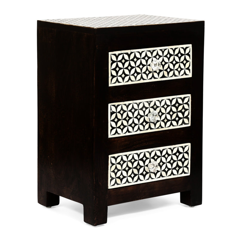 Table d'appoint à 3 tiroirs en bois avec os - Mangue exotique sophistiquée