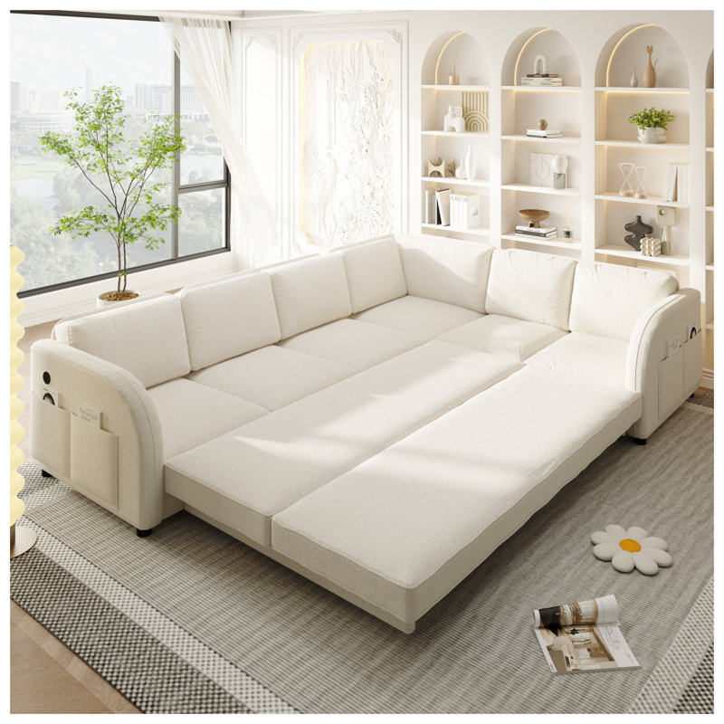 Canapé d'angle convertible de 293 cm (115,2 po) avec lit gigogne, revêtement en polaire sherpa, méridienne réversible, port USB et poche latérale, beige/blanc