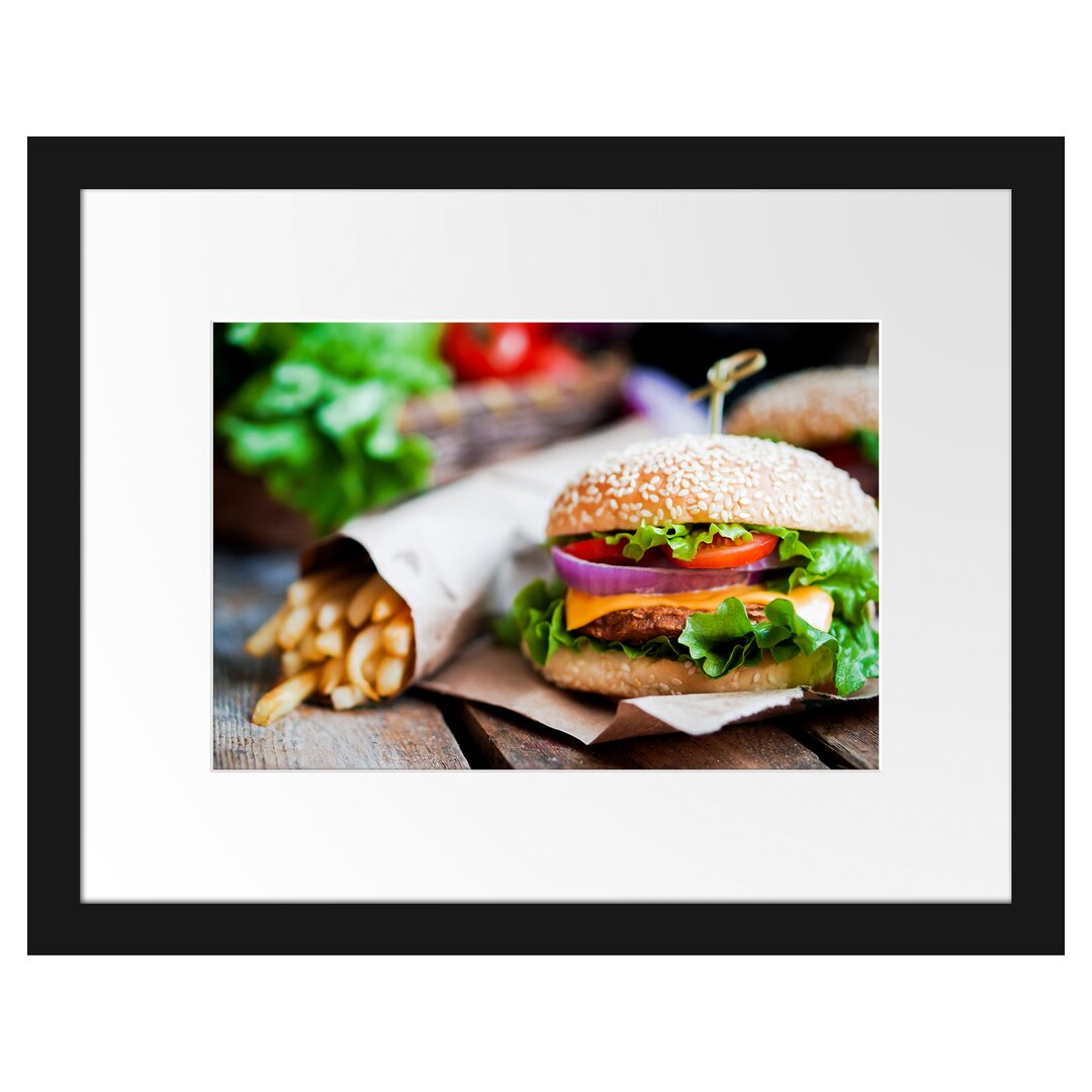 Gerahmtes Poster Burger und Pommes