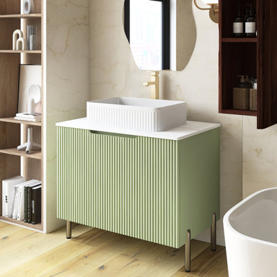 Armoire de rangement de salle de bain autoportante moderne 30 po avec 2 portes, lavabo en céramique blanche et comptoir blanc de Carrare, sans robinet, couleur vert clair