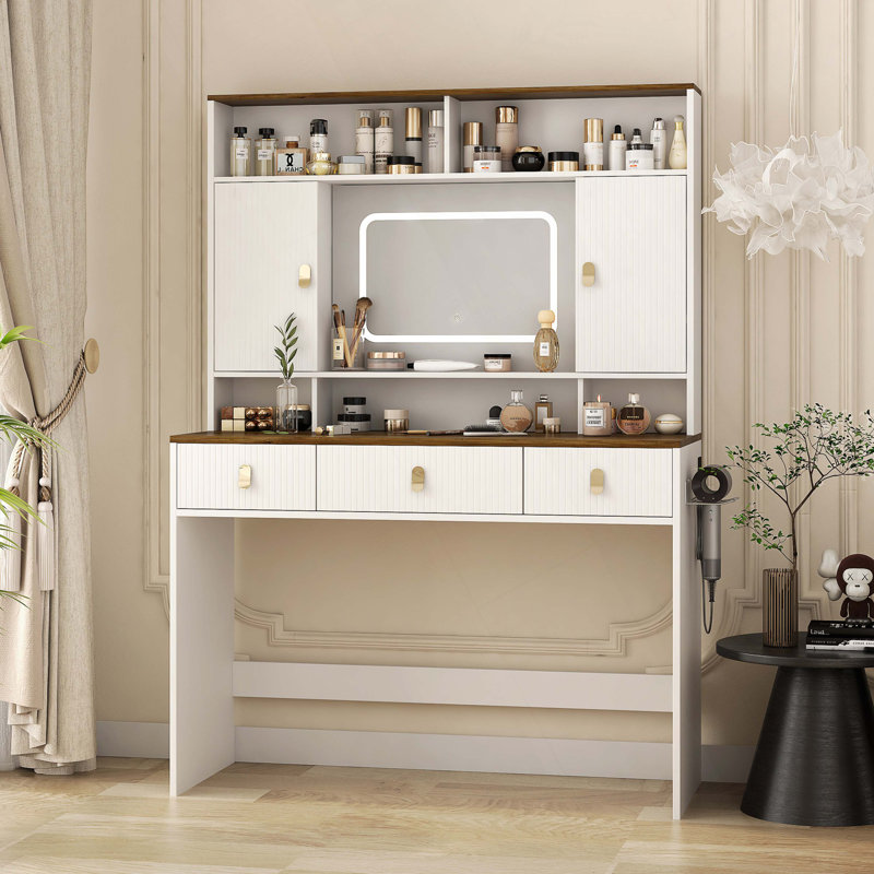 Table de maquillage Farmhouse, coiffeuse de 43 po de largeur avec miroir éclairé et tiroir de maquillage, grande coiffeuse moderne avec porte-séchoir pour chambre à coucher