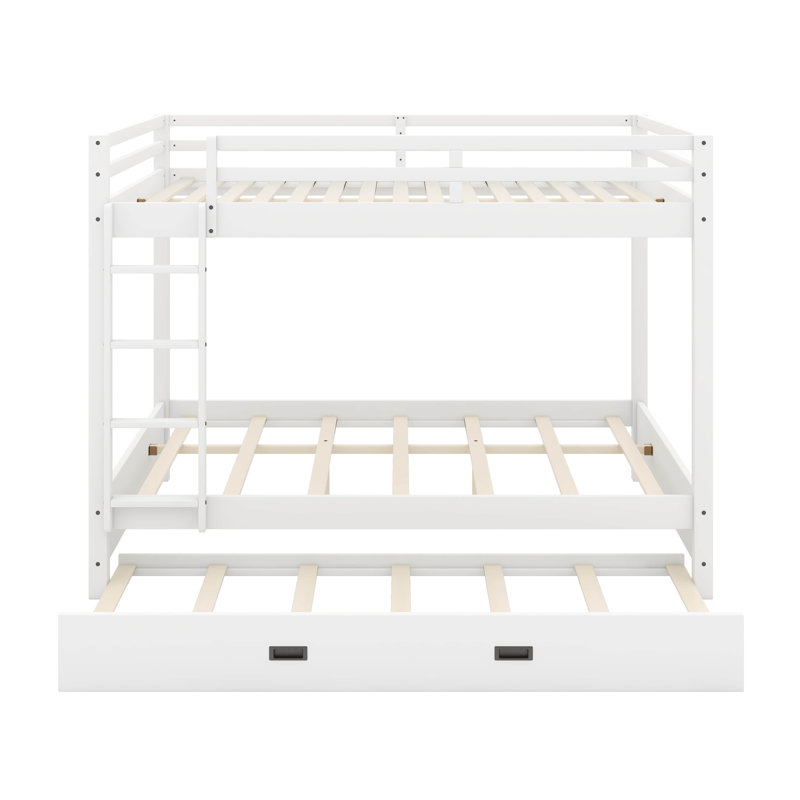 Queen Size Bunk Bed With Ladder And Trundle, White
