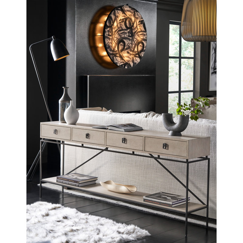 Gray Oak and Black Metal 80'' Console Table with Storage