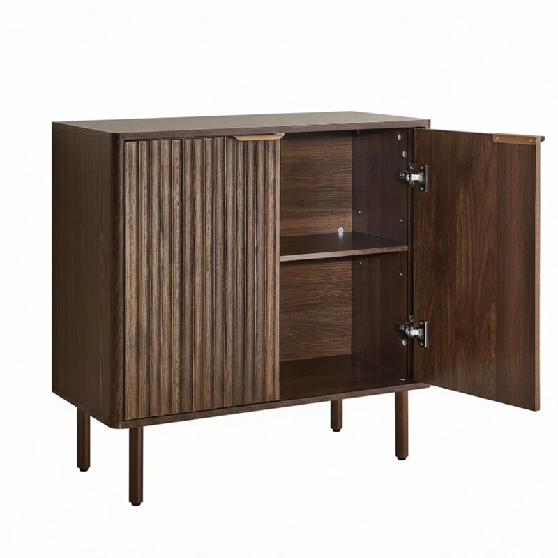 31.5" Wide Fluted Sideboard Buffet Cabinet With Adjustable Shelves, Modern Coffee Bar Station - Walnut, Walnut