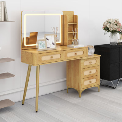 Coiffeuse de maquillage rétro avec miroir éclairé, tiroirs et tablette de rangement