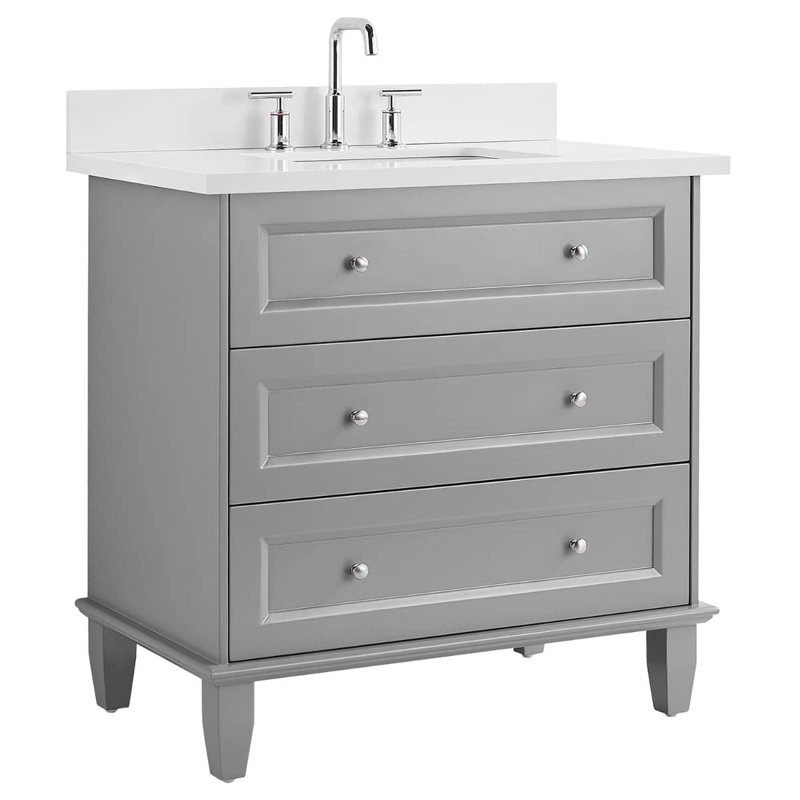 Ensemble de meuble-lavabo simple autoportant biseauté 36 po avec plateau en quartz Adelia, Gris, 36" W