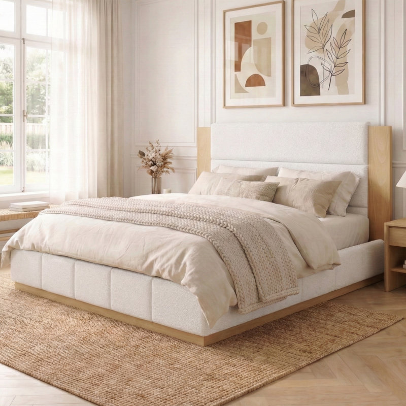 Lit plateforme tapissier avec tête de lit en bois allongée, support à lattes, Blanc, Très grand