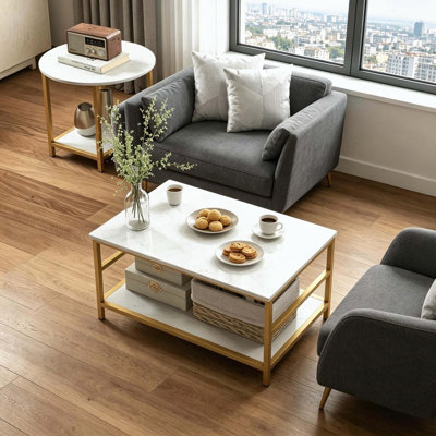 Ensemble de table de salon avec plateau en faux marbre