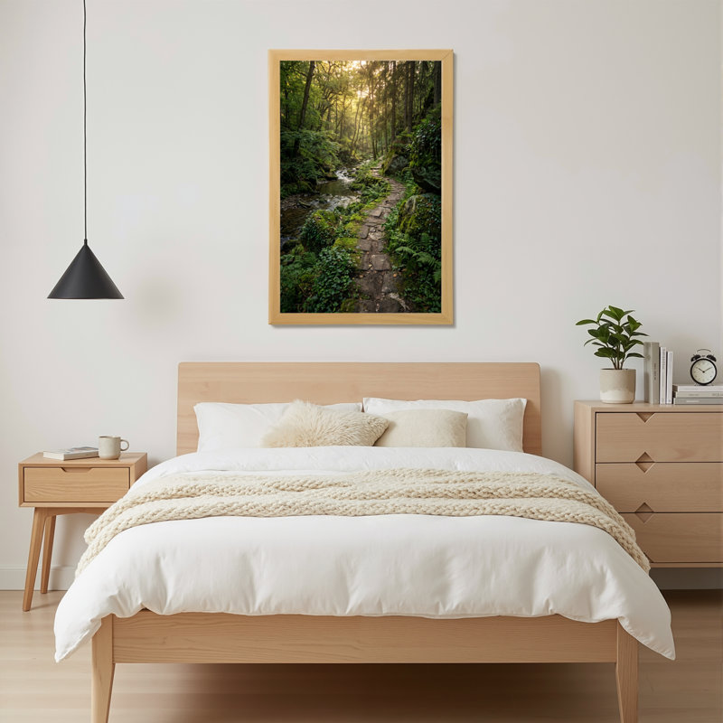 Toile naturelle encadrée en bois naturel, pour le salon, la chambre à coucher, le bureau ou le vestibule - décoration murale décorative avec sentier forestier