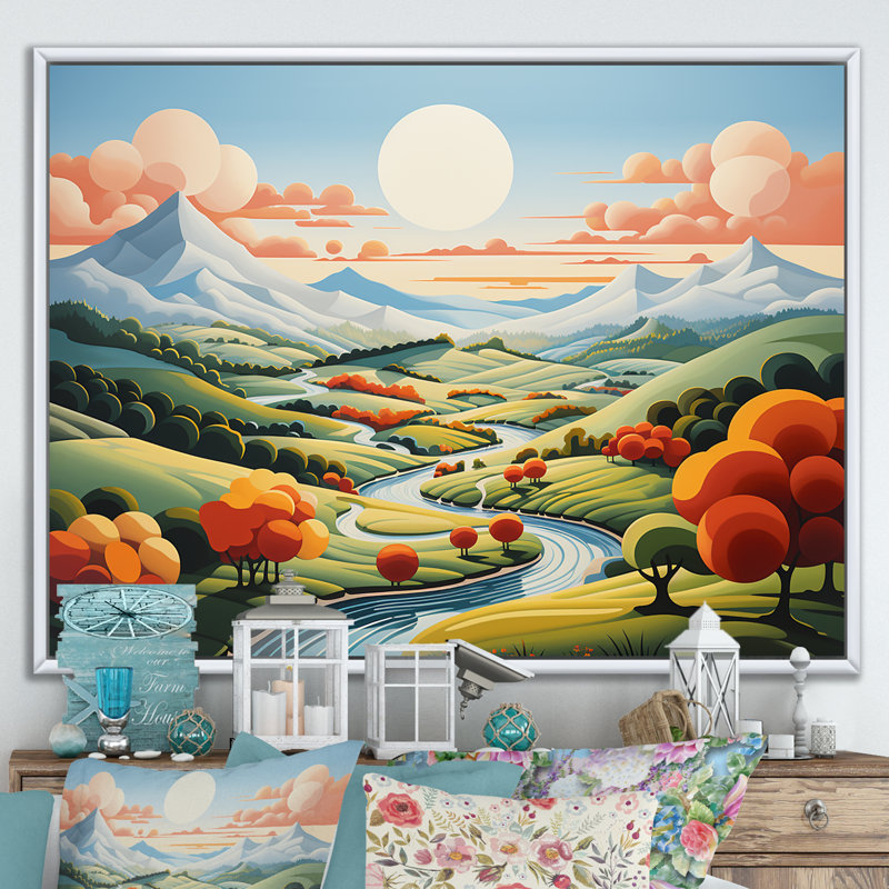 «Minimalist Colorful Mountain Valley I - Meadow», art mural, Cadre flottant blanc, H 24 po x l 32 po x P 1 po