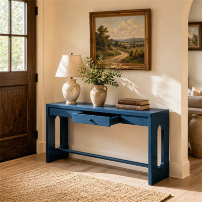 Table console rétro de 152 cm (59,8 po) en placage de chêne, avec tiroir et poignée ronde, table d'appoint multifonctionnelle pour couloir, entrée ou salon.