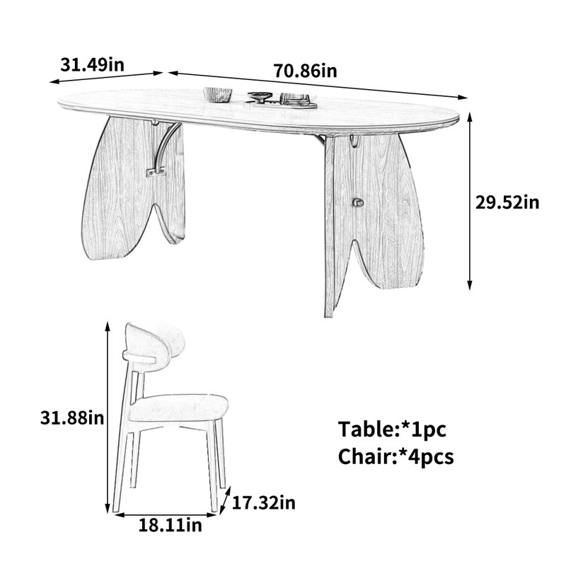 High-end French Dining Table, 29.52"H x 70.86"L x 31.49"W, 5 Pieces: Table, 4 Chairs