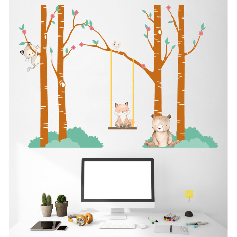 Adhésif décoratif arbre, forêt, jeunes animaux sauvages, H 28 po x l 18 po