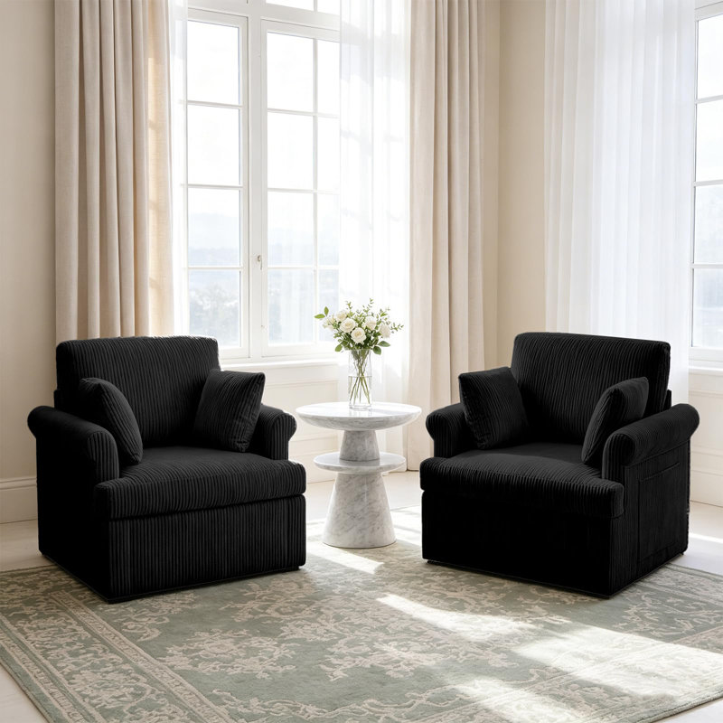 Fauteuil d'appoint pivotant moderne 39 po, grand fauteuil en velours côtelé avec 2 coussins, Black