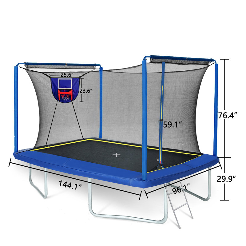 Trampoline rectangulaire avec planche de basketball, gonfleur de balles et échelle bleue testée par la norme ASTM et certifiée par la CCP