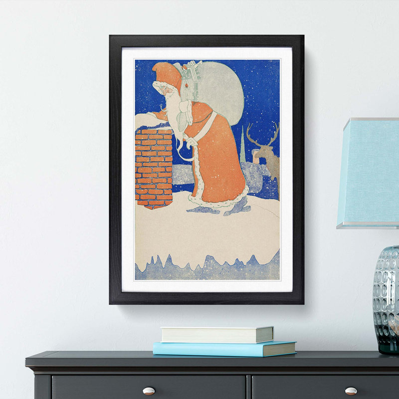 Father Christmas with Reindeer - Picture Frame Painting Print, Black, 60cm H x 40cm W x 2cm D