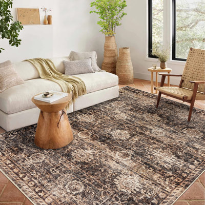 Tapis lavable pour le salon - Tapis Boho Vintage antidérapant - Tapis doux et résistant aux marques pour chambre à coucher, salle à manger, cuisine, vestibule - 5 x 7 pi