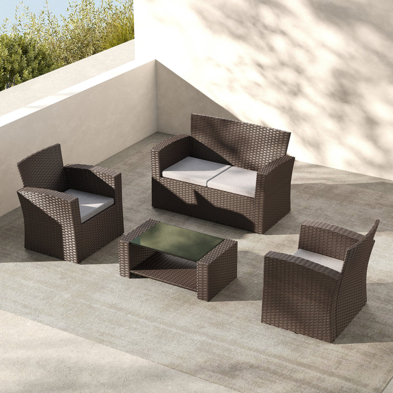 Ensemble de conversation avec canapé en rotin 4 pièces et coussins, Brun