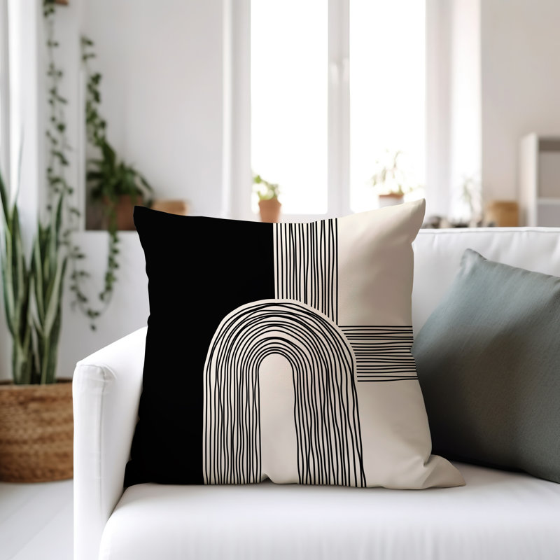 Coussin décoratif réversible intérieur / extérieur Cassie, H 15 po x l 15 po, Crème / Noir