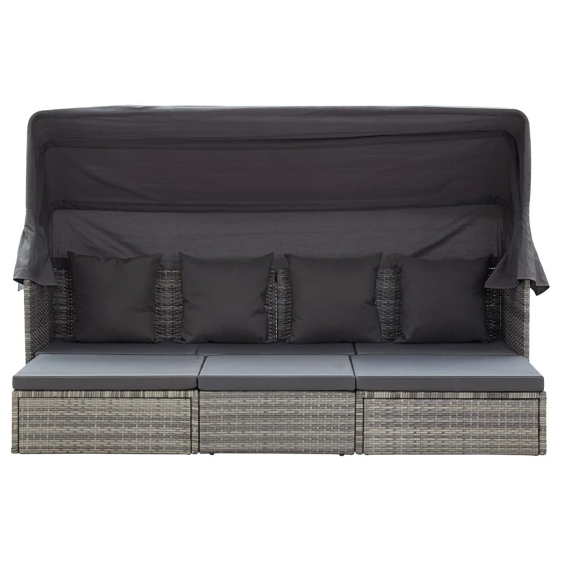 Lit de patio avec toit en rotin de polyester mélangé, Gris, Gris