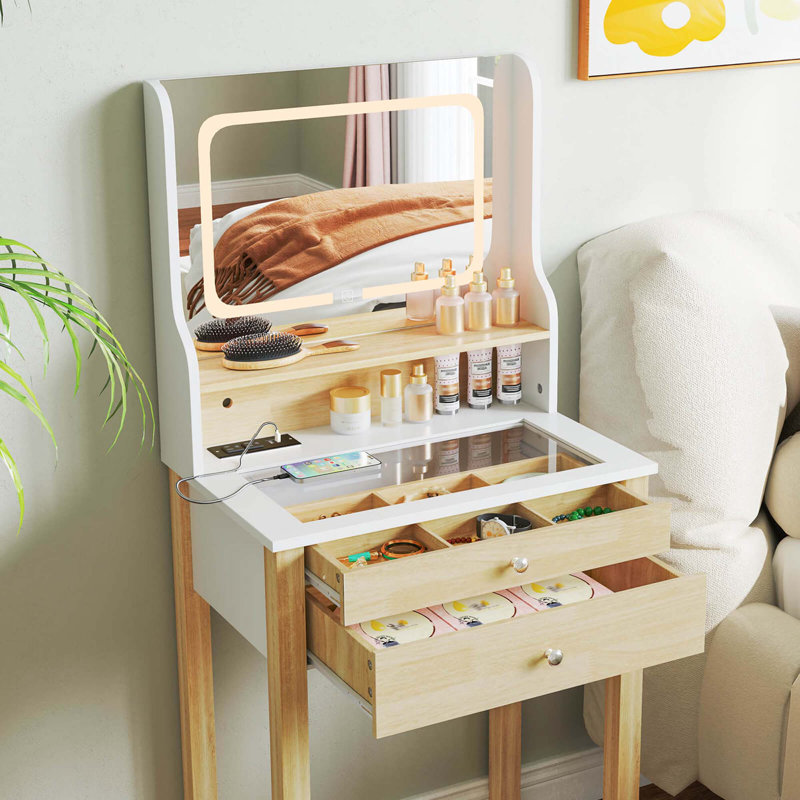 Small Vanity Desk Set With Adjustable Led Lighted Mirror And Power Outlets White