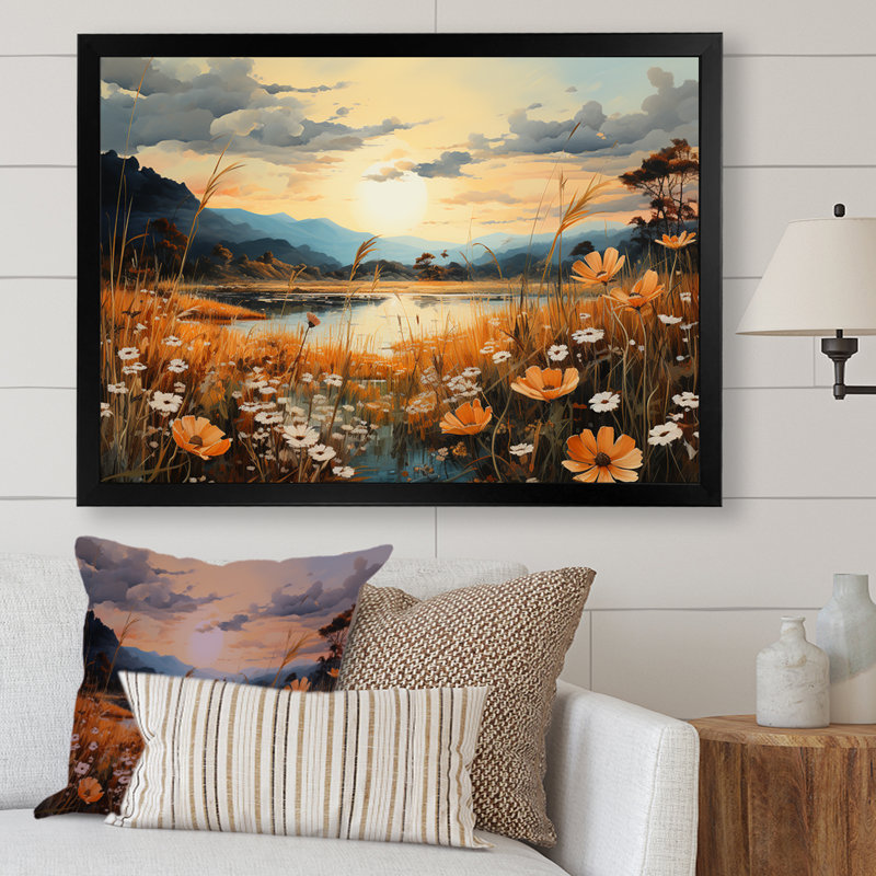 " Meadow Stream At Sunset I ", Black Single Picture Framed, 34" H x 44" W x 1.5" D