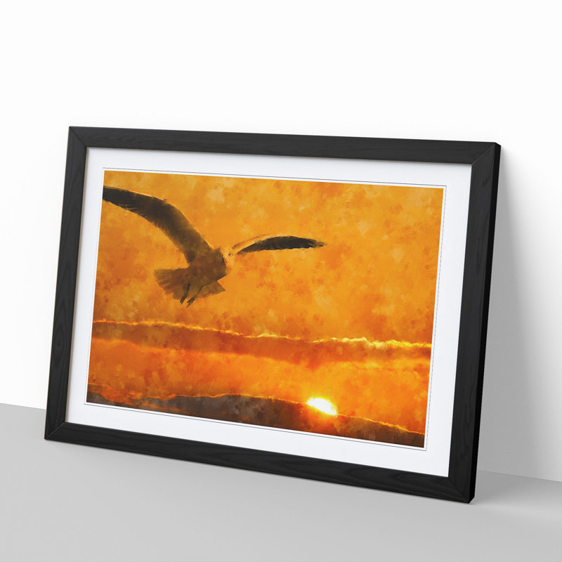 Seagull and Orange Sunset - Picture Frame Graphic Art, 36cm H x 48cm W x 2cm D, Black Framed