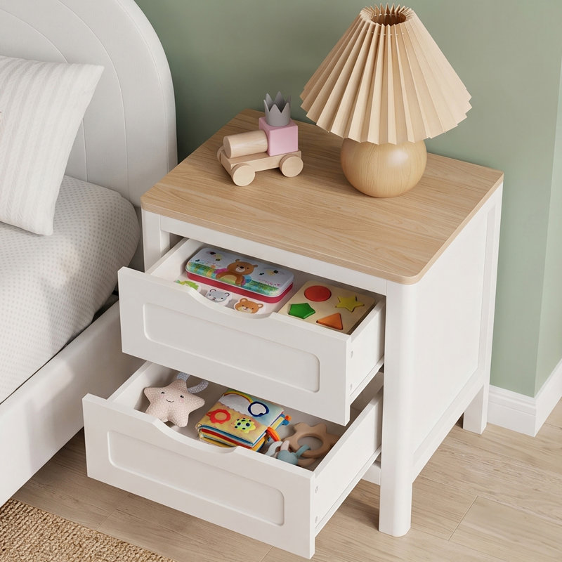 Table de chevet moderne Abra 19,68 po à 2 tiroirs, sans poignée et aux bords arrondis (ensemble de 2), Blanc, Ensemble de 2