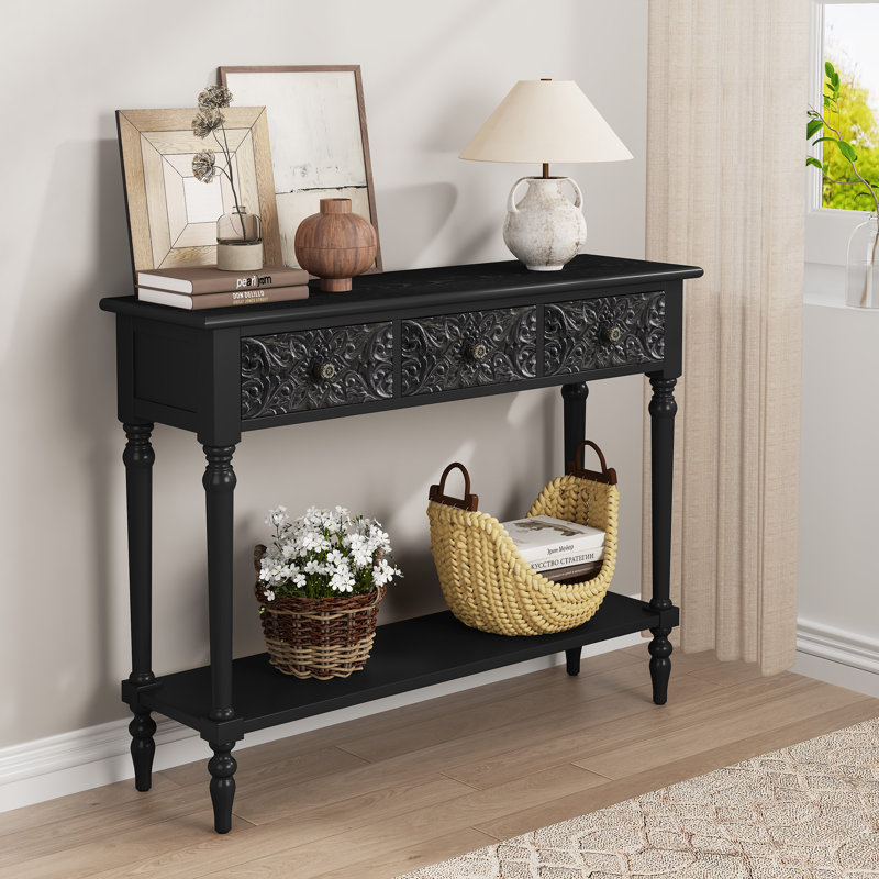 42"Carved 3-Drawer Console Table With Storage Shelf, Black