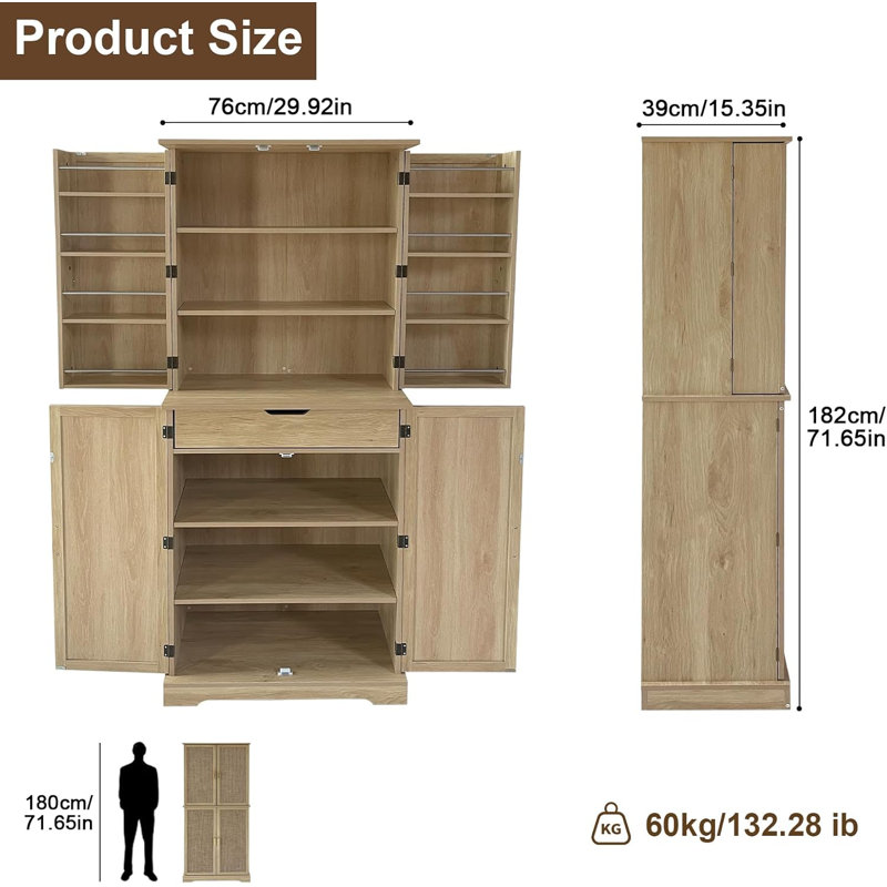 Armoire de rangement de 72 po avec portes et tablettes, petite armoire de rangement des aliments avec grand tiroir pour la salle à manger, le salon, la salle de bain et la buanderie (chêne clair)