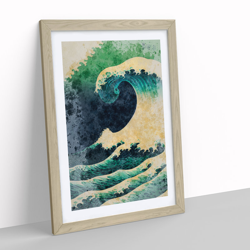 Watercolour Japanese Wave No.5 - Wall Art, Oak Framed, White, 64cm H x 46cm W