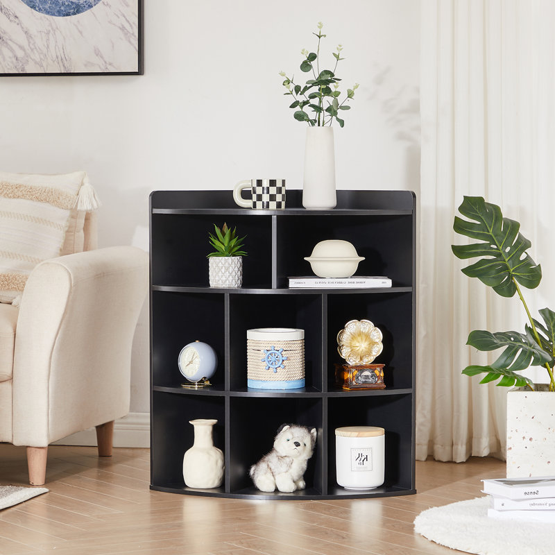 Cayhlin 3-Tier Corner Bookcase Cabinet with 8 Cubbies, Wooden Cube Storage Organizer, Modern Bookshelf Units, Black