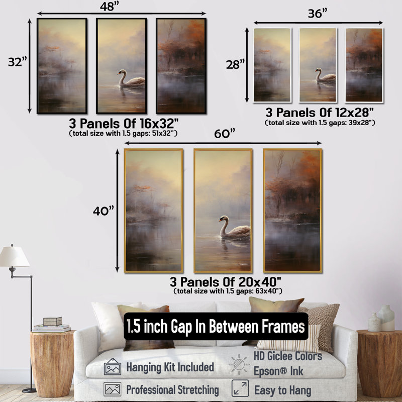 Ensemble de salon Swan In The Mist II - Swans Animal Wall Art, Cadre flottant noir, H 40 po x l 60 po