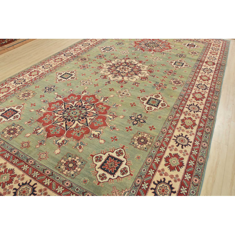 Hand-Knotted Green and Red Wool Cotton Area Rug