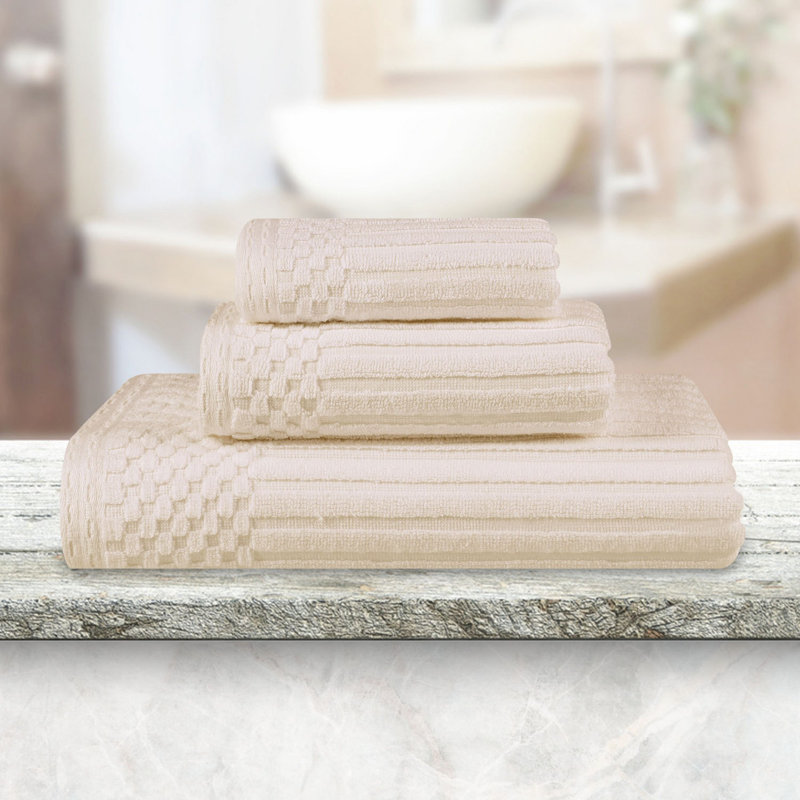 Kaelea Soho Cotton Ribbed Checkered Border Medium Weight 3 Piece Assorted Bathroom Towel Set, Ivory, 3 Piece Towel set