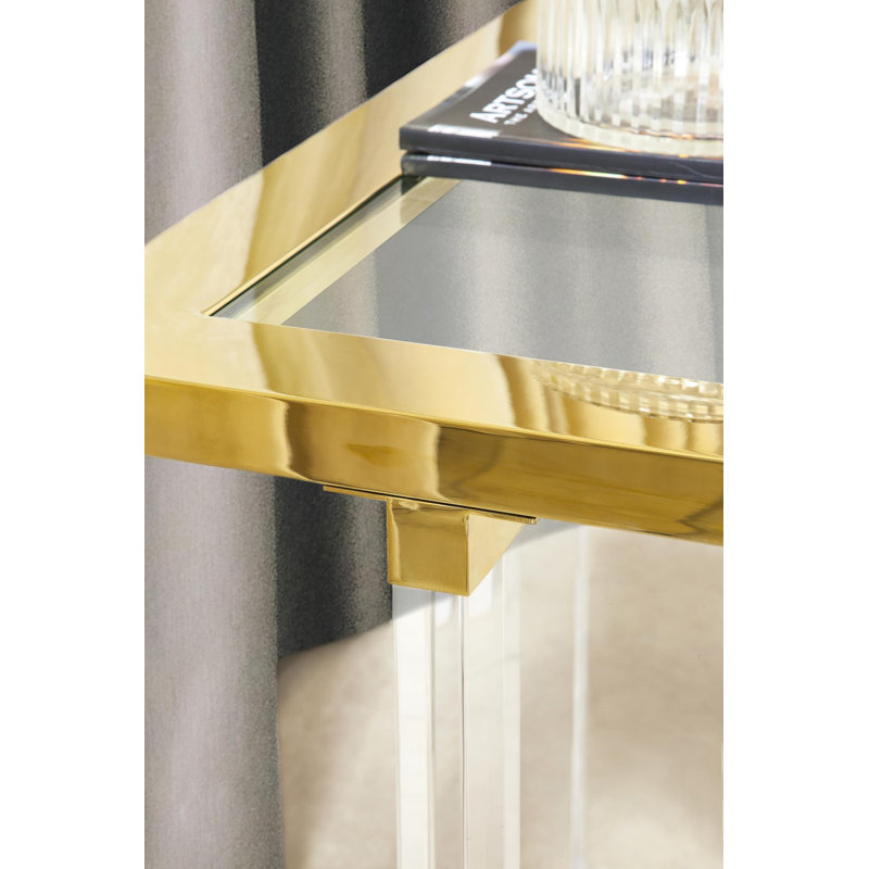 Gold and Clear Acrylic Square Side Table with Glass Top