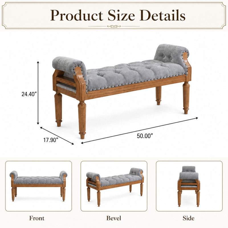 Banc rembourré en bois massif de style Mid-Century avec accoudoirs roulés, repose-pieds capitonné classique avec garniture cloutée décorative, banc de bout de lit polyvalent, siège de fenêtre, banc de chaussures pour hall d'entrée