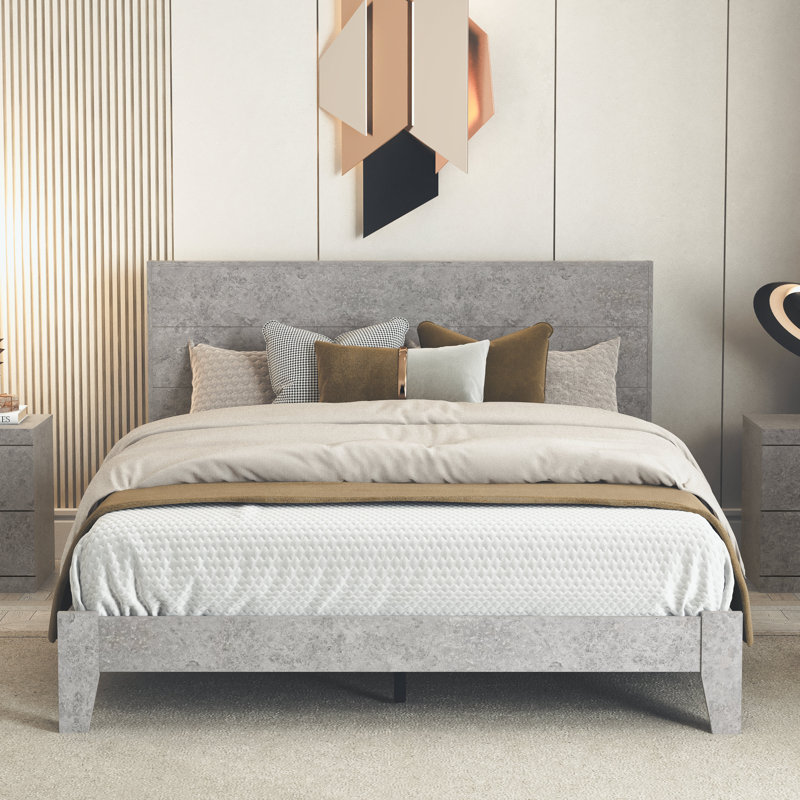 Lit plateforme avec tête de lit Allyannah, Gris béton frais, Grand