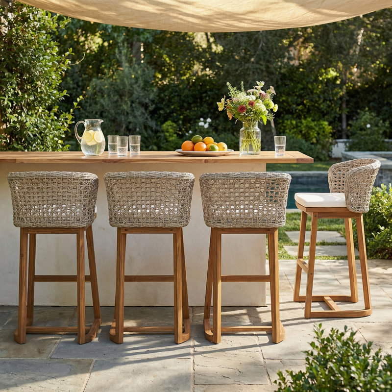 Outdoor Acacia Wood Bar Stools (4 PCS), Teak Finish Bar Height Chairs With Beige Cushion & Light Brown Wicker Back, Counter Height Stools For Patio, Poolside, Kitchen Island, Chair
