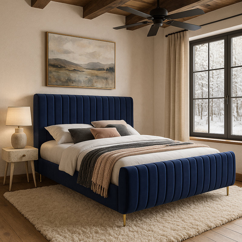 Zara Tufted Upholstered Low Profile Platform Bed, Full, Navy Velvet